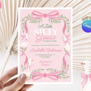 Silly Goose Baby Shower Invitation, Pink Coquette invitation, Geese Baby Shower, Pink Greenery Baby Shower, Editable Party Invite, B030