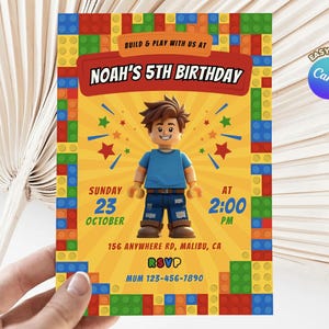 Bouwsteen bruin haar, bewerkbare uitnodiging feest Bakstenen verjaardag, kleurrijke verjaardag, jongen verjaardagsuitnodiging, B037