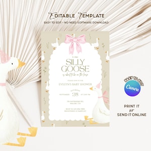 Silly Goose Baby Shower Invitation, Geese Baby Shower, Duck Invitation, Silly Goose Editable Party Invite, Pink bow invite, B028