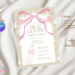 Silly Goose Baby Shower Invitation, Geese Baby Shower, Duck Invitation, Silly Goose Editable Party Invite, Pink bow invite, B029