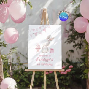 Rabbit Birthday Welcome Sign, Bunny Birthday Editable template, Cute Bunny Birthday Sign, Bunny Party for Kids, Little Bunny Sign, B004