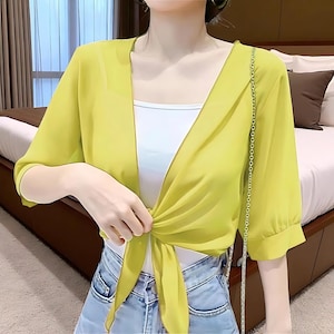 Sheer Chiffon Cropped Cardigan, Women&#39;s Open Front Short Sleeve Bolero Shrug, Summer Lightweight Cover Up for Dresses & Streetwear