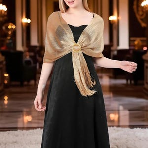 Sparkling Metallic Shawl with Buckle, Gold & Silver Glitter Scarf Wrap for Women, Bridal Bridesmaid Wedding, Shawl for Evening Party