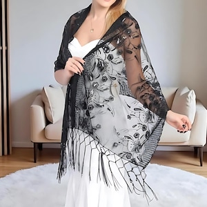 Elegant Sequin Lace Shawl with Tassels, Women’s Embroidered Wrap for Evening Party, Bridal, Bridesmaid Shawl, Wedding Bolero Shrug