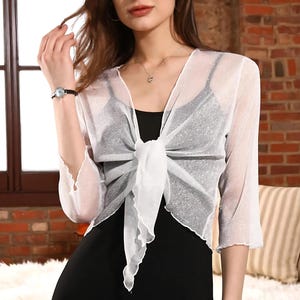 Sheer summer bolero, Women's Sheer Shiny Tie-Front Shrug, Shawl Wrap Blouse for Women, Summer shawl for women, White Summer Cardigan