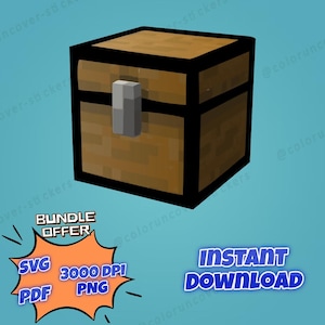 May include: A brown wooden chest with a black outline and a silver latch. The chest is a 3D rendering of a Minecraft chest.