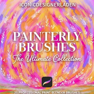Könnte beinhalten: Lebendiges digitales Kunst-Grafik mit dem Text "PAINTERLY BRUSHES The Ultimate Collection". Der Hintergrund zeigt ein farbenfrohes abstraktes Design in Pink-, Gelb- und Lilatönen. Das Bild enthält auch den Text "20 PROFESSIONAL PAINT BLENDER BRUSHES".