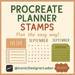 Könnte beinhalten: Digitale Procreate-Planerstempel mit beigem Hintergrund. Der Text lautet "Procreate Planner Stamps" in Grün und Braun. Enthält einen Septemberkalender, eine To-Do-Liste und eine Einkaufsliste. Der Text "Plan the easy way!" ist ebenfalls enthalten.