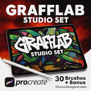 May include: A digital art studio set on a tablet, featuring the text "GRAFFLAB STUDIO SET" in white, bold lettering. The tablet displays colorful graffiti art. A white stylus rests on the tablet. The Procreate logo is visible, along with text indicating 30 brushes and a bonus.