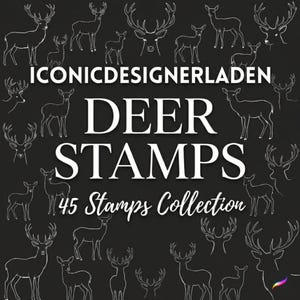May include: A black background with white line drawings of deer and antlers. The text "ICONICDESIGNERLADEN" is at the top, with "DEER STAMPS" in large letters below. The words "45 Stamps Collection" are at the bottom.