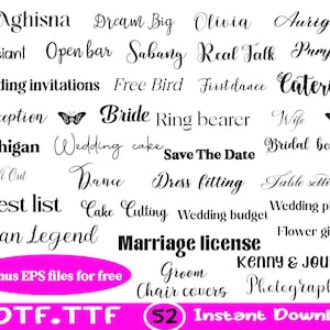 Könnte beinhalten: Eine Sammlung von Wörtern und Phrasen zum Thema Hochzeit in verschiedenen Schriftarten, darunter "Braut", "Bräutigam", "Hochzeitseinladungen" und "Save The Date". Das Bild enthält auch den Text "+ Bonus EPS-Dateien kostenlos" und "52 Sofort-Download".
