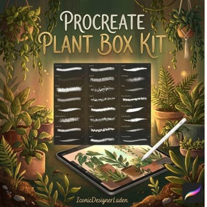 Könnte beinhalten: Digitale Kunstillustration eines Procreate Plant Box Kits. Das Bild zeigt ein Tablet mit einem Stift, umgeben von Topfpflanzen und hängendem Grün. Das Kit enthält verschiedene Pinselstile für digitale Kunst.