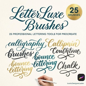 May include: Digital lettering brushes for Procreate. The image features the text "Letter Luxe Brushes" in teal script, with "25 Brushes" in a gold circle. Below, various lettering styles are displayed, including "calligraphy" and "chalk". A hand holds a stylus.