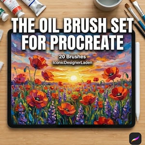 Könnte beinhalten: Ein digitales Kunstset für Procreate mit einem Mohnfeldgemälde auf einem Tablet. Das Bild zeigt eine Sonnenuntergangsszene mit roten Mohnblumen und lila Blumen. Der Text lautet "THE OIL BRUSH SET FOR PROCREATE" und "20 Brushes IconicDesignerLaden."