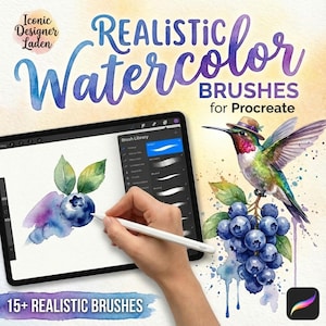 May include: An advertisement for "Realistic Watercolor Brushes for Procreate." The image features a digital tablet displaying watercolor brush options, a hand using a stylus, and a watercolor painting of blueberries and a hummingbird. Text includes "15+ Realistic Brushes."