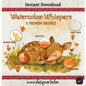 Könnte beinhalten: Digitales Kunstwerk mit dem Titel "Watercolor Whispers", das ein schlafendes Reh mit braunen und weißen Flecken zeigt, umgeben von Blumen und Blättern. Das Bild enthält Textbeschriftungen für Pinseltypen wie "Willow Ink" und "Burnt Bloom".