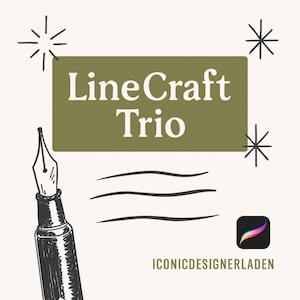 May include: An illustration featuring the text "LineCraft Trio" in white on a green rectangle, accompanied by a sketch of a fountain pen and three curved lines. Decorative starbursts and a colorful app icon complete the design.