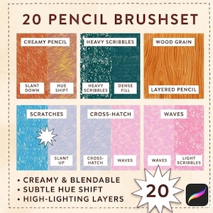 May include: A digital art graphic showcasing a 20-piece pencil brush set. The image displays various pencil textures, including creamy, heavy scribbles, wood grain, scratches, cross-hatch, and waves. Text highlights features like blendability and subtle hue shifts.