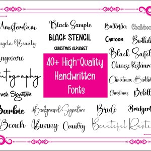 Könnte beinhalten: Grafik mit einer Sammlung handgeschriebener Schriftarten. Die Schriftarten werden in verschiedenen Stilen angezeigt, mit Namen wie "Amsterdam" und "Barbie". Ein pinkfarbenes Rechteck in der Mitte zeigt "40+ High-Quality Handwritten Fonts".