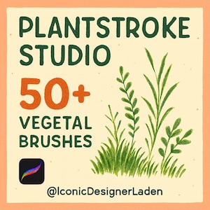 Könnte beinhalten: Quadratische Grafik mit dem Text "PLANTSTROKE STUDIO" in Dunkelgrün und "50+ VEGETAL BRUSHES" in Orange und Grün. Rechts eine Zeichnung grüner Pflanzen. Das Procreate-App-Logo befindet sich unten links und der Instagram-Handle unten.