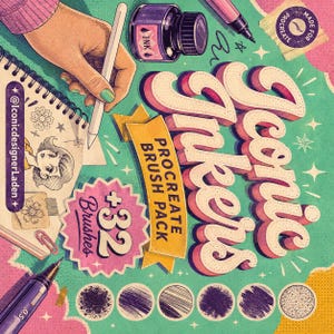Op de afbeelding: Een digitale illustratie met de tekst Iconic Inkers Procreate Brush Pack, een geel lint, een roze sterlabel met +32 Brushes, een inktpot, een stylus, een schetsboek met een tekening en zes cirkelvormige voorbeelden van penseelstreken.