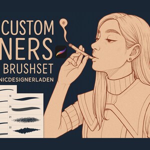 Könnte beinhalten: Illustration einer Frau mit langen Haaren, die raucht, mit dem Text "25 Custom Liners Art Brushset" und Beispielen von Pinselstrichen. Das Art Brushset ist von IconicDesignerLaden.