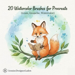 Könnte beinhalten: Aquarell-Illustration eines Cartoon-Fuchses, der ein Buch liest, auf einem Ast sitzend. Der Text lautet "20 Watercolor Brushes for Procreate" und "Lines, Gouache, Watercolor". Der Fuchs ist orange und weiß, mit einem flauschigen Schwanz. Aquarellspritzer im Hintergrund.