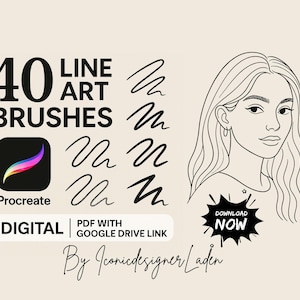 May include: Digital Procreate brushes set featuring 40 line art brushes. The image includes a Procreate app icon, examples of brush strokes, and a line drawing of a woman. Text includes "Digital" and "Download Now."