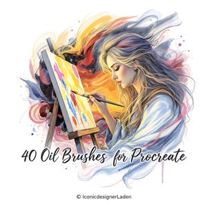 Könnte beinhalten: Künstlerische Illustration einer Frau, die mit einem Pinsel auf einer Leinwand malt. Die Leinwand zeigt farbenfrohe Pinselstriche. Das Bild enthält den Text "40 Oil Brushes for Procreate" und das Logo IconicdesignerLaden.