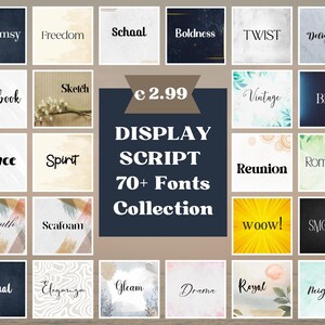Könnte beinhalten: Eine Sammlung von über 70 Display-Schriftarten, jeweils auf einem quadratischen Hintergrund mit verschiedenen Farben und Texturen dargestellt. Die Worte "DISPLAY SCRIPT 70+ Fonts Collection" sind in der Mitte zu sehen.