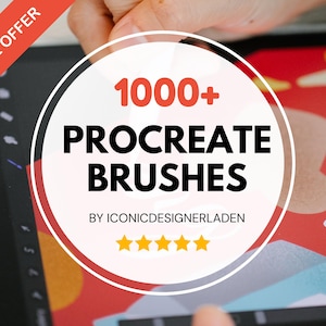 Könnte beinhalten: Ein digitales Kunst-Bundle-Angebot mit über 1000 Procreate-Pinseln. Das Bild zeigt ein rotes Banner mit der Aufschrift "Bundle Offer" und eine kreisförmige Grafik mit dem Text "1000+ Procreate Brushes" und fünf goldenen Sternen.