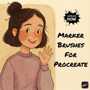 Könnte beinhalten: Illustration einer lächelnden Person mit dunklem Haar und einem lila Pullover, die winkt. Das Bild enthält den Text "DOWNLOAD NOW" und "MARKER BRUSHES FOR PROCREATE". Ein Procreate App-Symbol befindet sich in der unteren rechten Ecke.