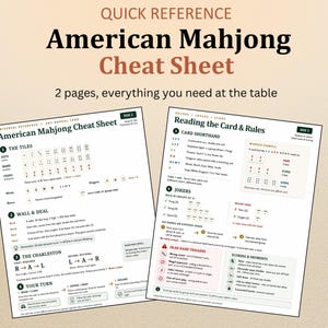 May include: A two-page American Mahjong cheat sheet printed on white paper with black text and diagrams. The document includes sections titled Quick Reference, American Mahjong Cheat Sheet, The Tiles, Wall & Deal, The Charleston, and Your Turn.