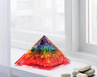 Seven Chakra Gemstone Orgonite Pyramid: Handmade Healing Stone Decor