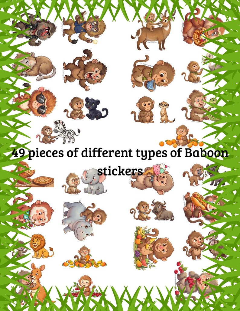 Cute Cartoon Baboon Sticker Pack, Cute Baboon Clipart, Digital Sticker ...