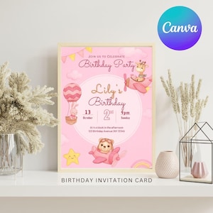 Rosa Teddybär 1. Geburtstagseinladung: Bearbeitbare Canva-Vorlage (Digitaler Download)