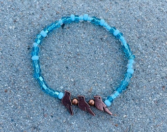 3 Little Copper Birds Blue Glass Beaded Bracelet