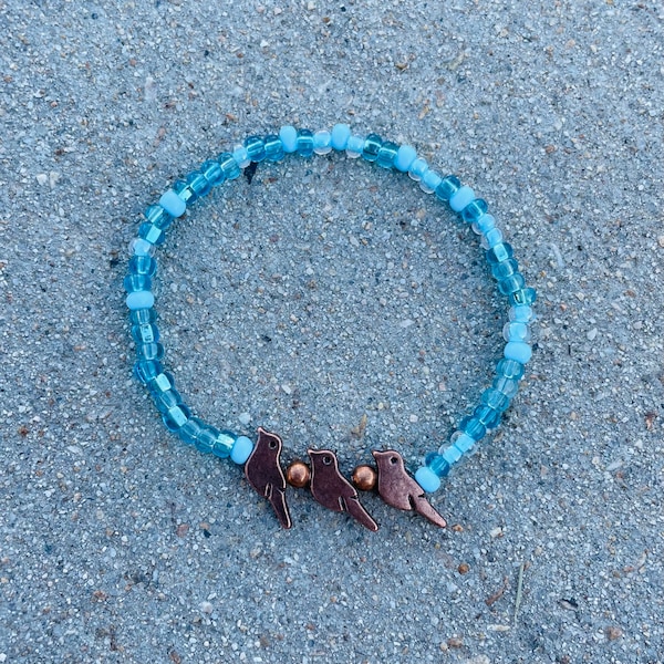 3 Little Copper Birds Blue Glass Beaded Bracelet