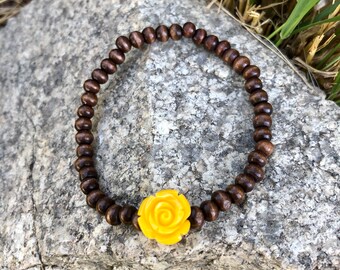 Yellow Rose Flower Wood Bracelet