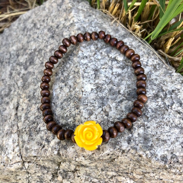 Yellow Rose Flower Wood Bracelet