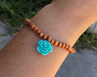 Blue Rose Flower Wood Bracelet