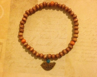 Cute Bird Charm Wood Bracelet