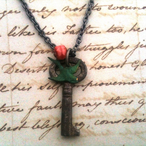 Charming Antique Key, Verdigris Patina Sparrow Necklace