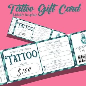Editable Tattoo Gift Card,  Printable Tattoo Voucher, Custom Digital Gift Card, Get Inked