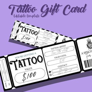 Tattoo Gift Card Template – 2-in-1 Editable Canva Design – Tattoo Voucher Printable – Digital Tattoo Certificate