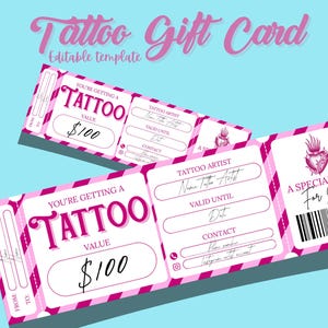 Editable Tattoo Gift Card,  Printable Tattoo Voucher, Custom Digital Gift Card, Get Inked