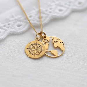 Collier de voyage avec carte et boussole, cadeau de voyage pour elle, collier Wanderlust, cadeau de remise des diplômes ou d'anniversaire pour femme