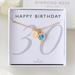 Collier 30e anniversaire - Initiales personnalisées et cadeau avec pierre de naissance pour elle, bijoux 30e anniversaire, argent ou or, cadeau pour soeur, amie