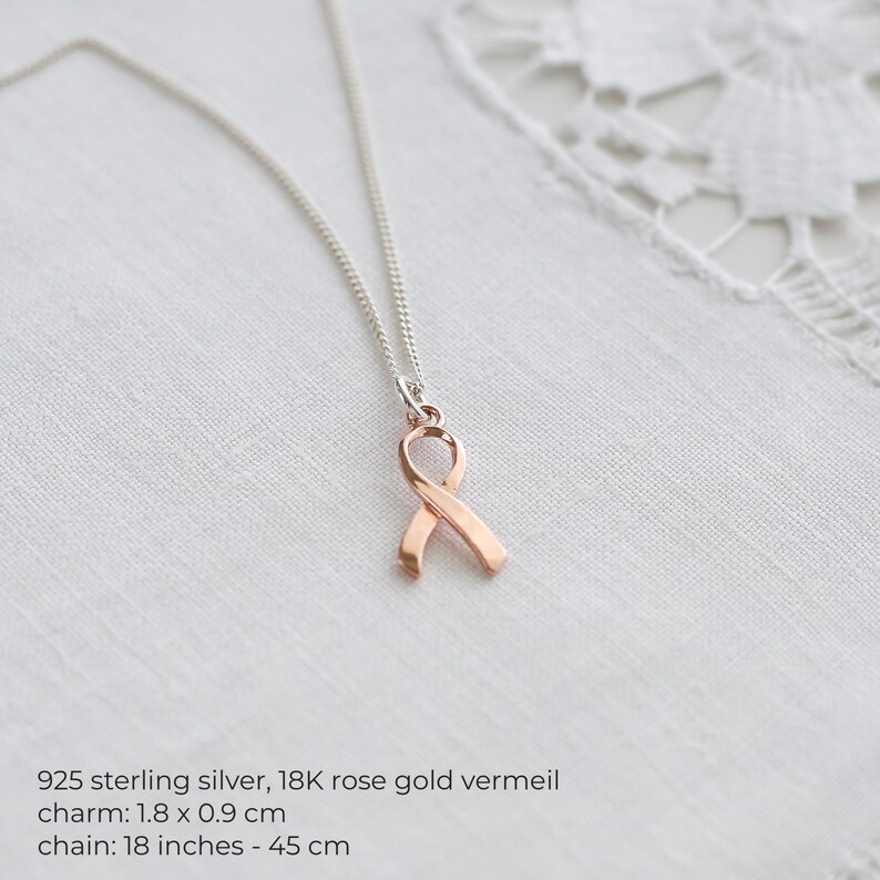 May include: A silver chain necklace with a rose gold ribbon pendant. The charm is 1.8 x 0.9 cm, and the chain is 45 cm long. The necklace is crafted from 925 sterling silver and 18K rose gold vermeil.