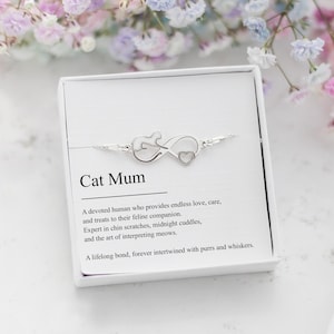 Cat Mum Armband - Sterling Silber Infinity Katzenherz Anhänger, personalisiertes Haustier Armband, Geschenk für Katzenliebhaber, Cat Mum Definition Card inklusive
